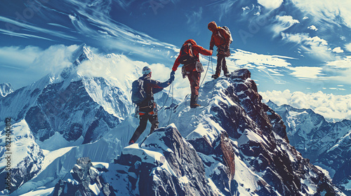 Visualizing climbers holding hands helping each other climb a mountain peak is a great way to show cooperation, determination, and the challenge of climbing. Such images can convey many meanings.