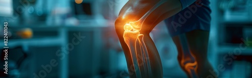 Full shot of patient focus on his painful knee joint highlighted, damaged wrist, bright painful spots on wrist joint, doctor's office background, light and cool colors, surreal，Pain Relief and Diagnos photo