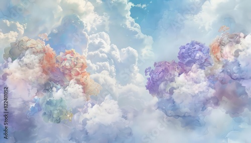 A cute watercolor of hydrangeas, reimagined as fluffy, colorful clouds floating in a sky of surreal, pastel shades