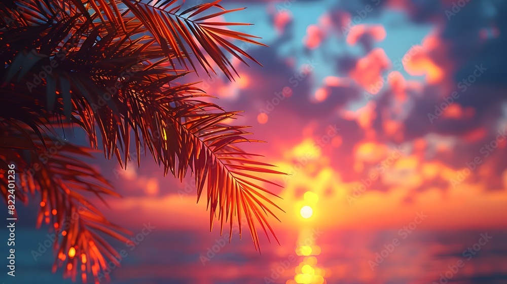Close-up of palm fronds against a vibrant sunset sky, with hues of orange and pink creating a stunning backdrop. List of Art Media Photograph inspired by Spring magazine Close-up of palm fronds against a vibrant sunset sky, with hues of orange and pink creating a stunning backdrop. List of Art Media Photograph inspired by Spring magazine