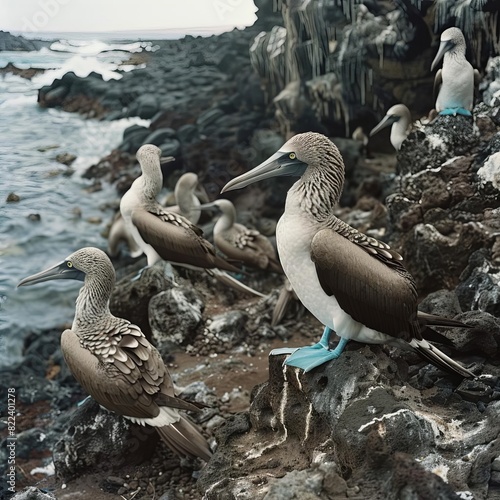 A group of bluefooted boobies nesting on a rocky shore in the Galapagos Islands photo