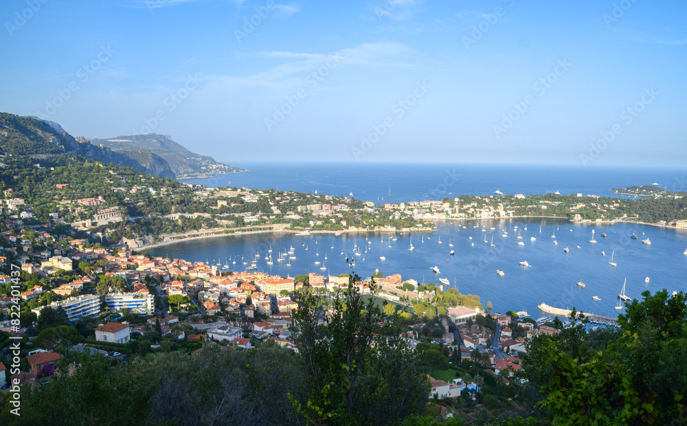 Villefranche Sur Mer and Saint Jean Cap Ferrat aerial panoramic view, South of France, August 2019. 