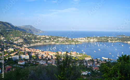 Villefranche Sur Mer and Saint Jean Cap Ferrat aerial panoramic view, South of France, August 2019. 