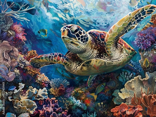 A Hawaiian green sea turtle swimming near a coral reef  with vibrant corals and fish around