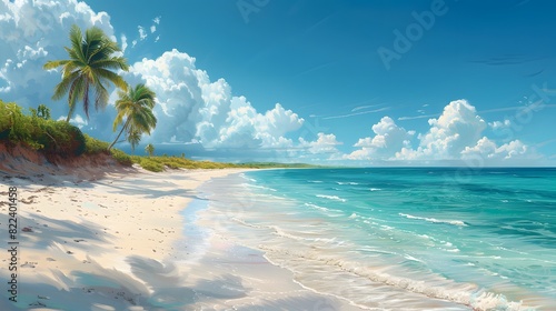 Palm trees lining a sandy beach, with turquoise waters and white sand stretching into the distance, inviting relaxation and tranquility. List of Art Media Photograph inspired by Spring magazine