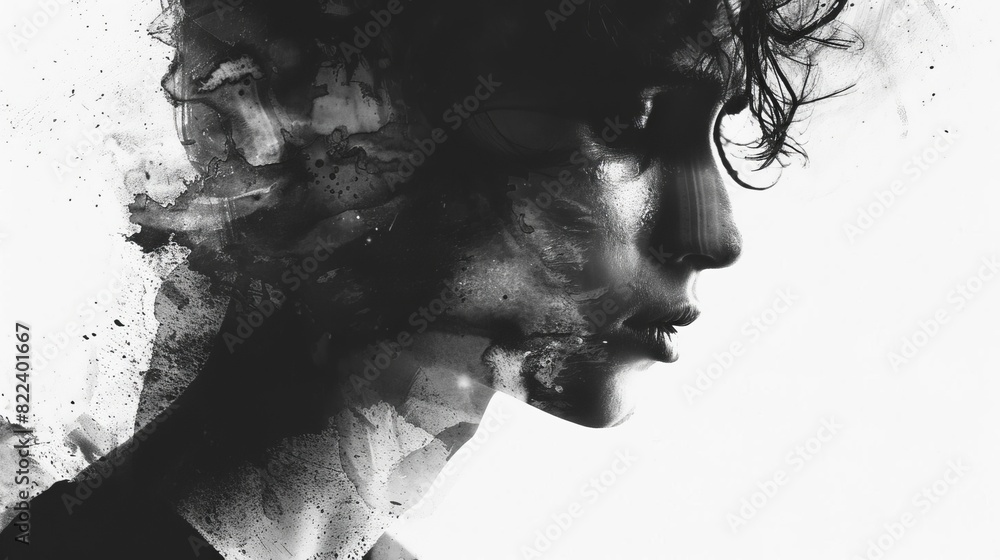Fototapeta premium Illustration of a person staring blankly into space with a tearstreaked face against a white backdrop, symbolizing deep emotional pain