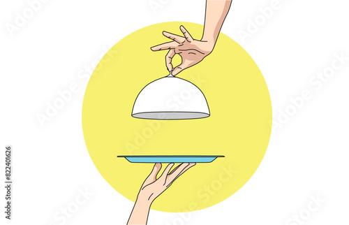 hand holding Plate with lid opening restaurant cloche,
launch time promo banner concept. food serving.