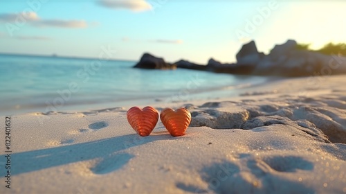Two hearts on the beach. Love and Valentine's day concept.