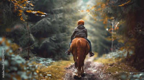 Hijab girl riding a pony through a forest path