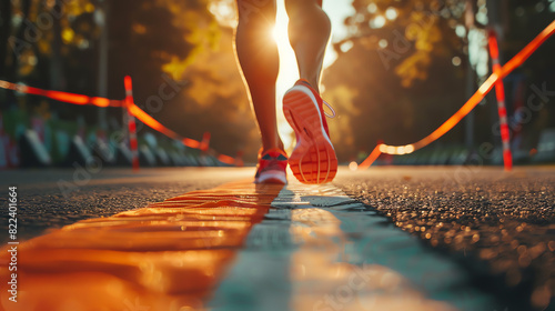 A runner's feet pound the pavement as they sprint towards the finish line. The sun glints off their shoes as they push themselves to the limit.