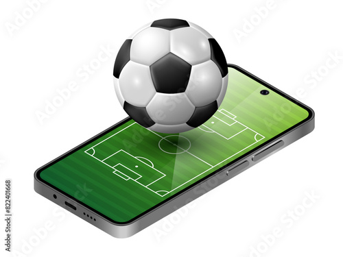 Smartphone with a football field on the screen and soccer ball. Sports betting advertising banner.