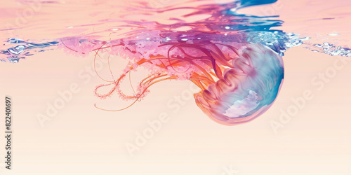 Large jellyfish floating underwater in blue and pink colors.