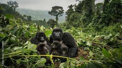 A mountain gorilla family resting in a clearing of the dense Virunga Mountains, surrounded by lush vegetation