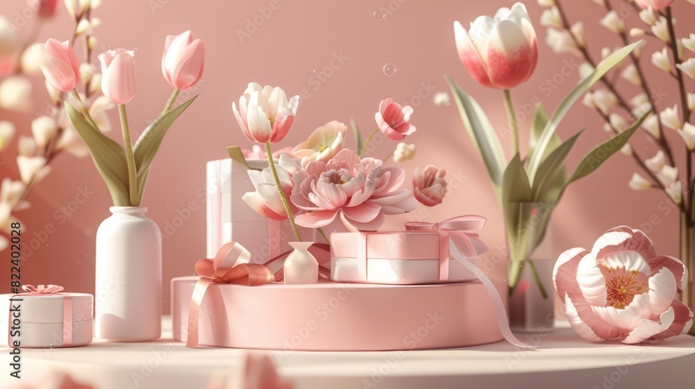A Mothers Day 3D product stand podium showcases handmade gifts and flowers, styled in minimalistic fashion, and doubling as a charming illustration template A Mothers Day 3D product stand podium showcases handmade gifts and flowers, styled in minimalistic fashion, and doubling as a charming illustration template