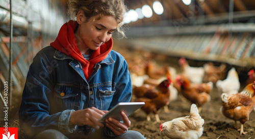woman working with chickens in a barn photo