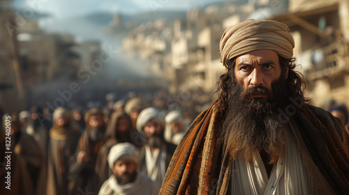 Arabian man in his late thirties with long beard and turban leading many men through an ancient city photo