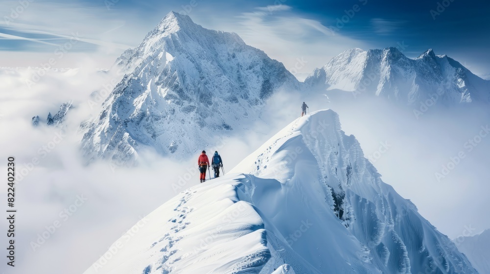 Two climbers walking on snowy mountain top in breathtaking scenery