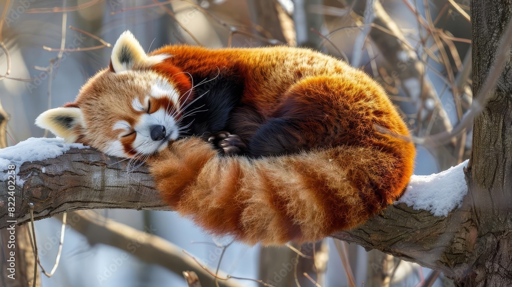 Fototapeta premium A red panda curled up on a tree branch