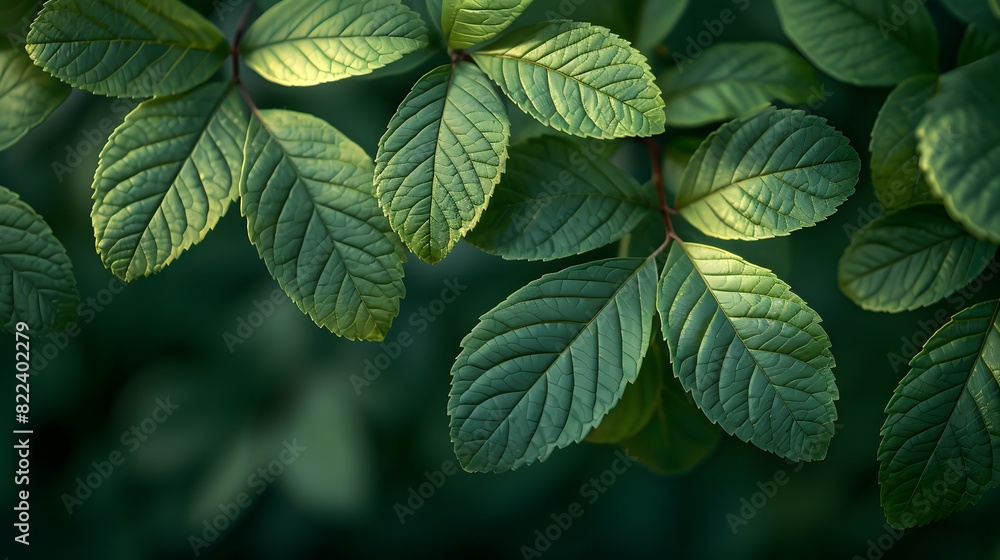 Close-up of vibrant green leaves on a tree branch, with intricate patterns and textures illuminated by the soft light of dawn. List of Art Media Photograph inspired by Spring magazine Close-up of vibrant green leaves on a tree branch, with intricate patterns and textures illuminated by the soft light of dawn. List of Art Media Photograph inspired by Spring magazine