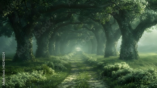 A winding path leading through a tranquil green forest  with towering trees on either side creating a canopy overhead. List of Art Media Photograph inspired by Spring magazine
