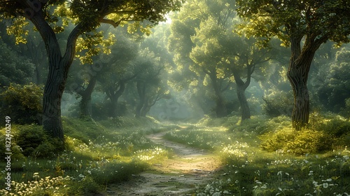 A winding path leading through a tranquil green forest  with towering trees on either side creating a canopy overhead. List of Art Media Photograph inspired by Spring magazine
