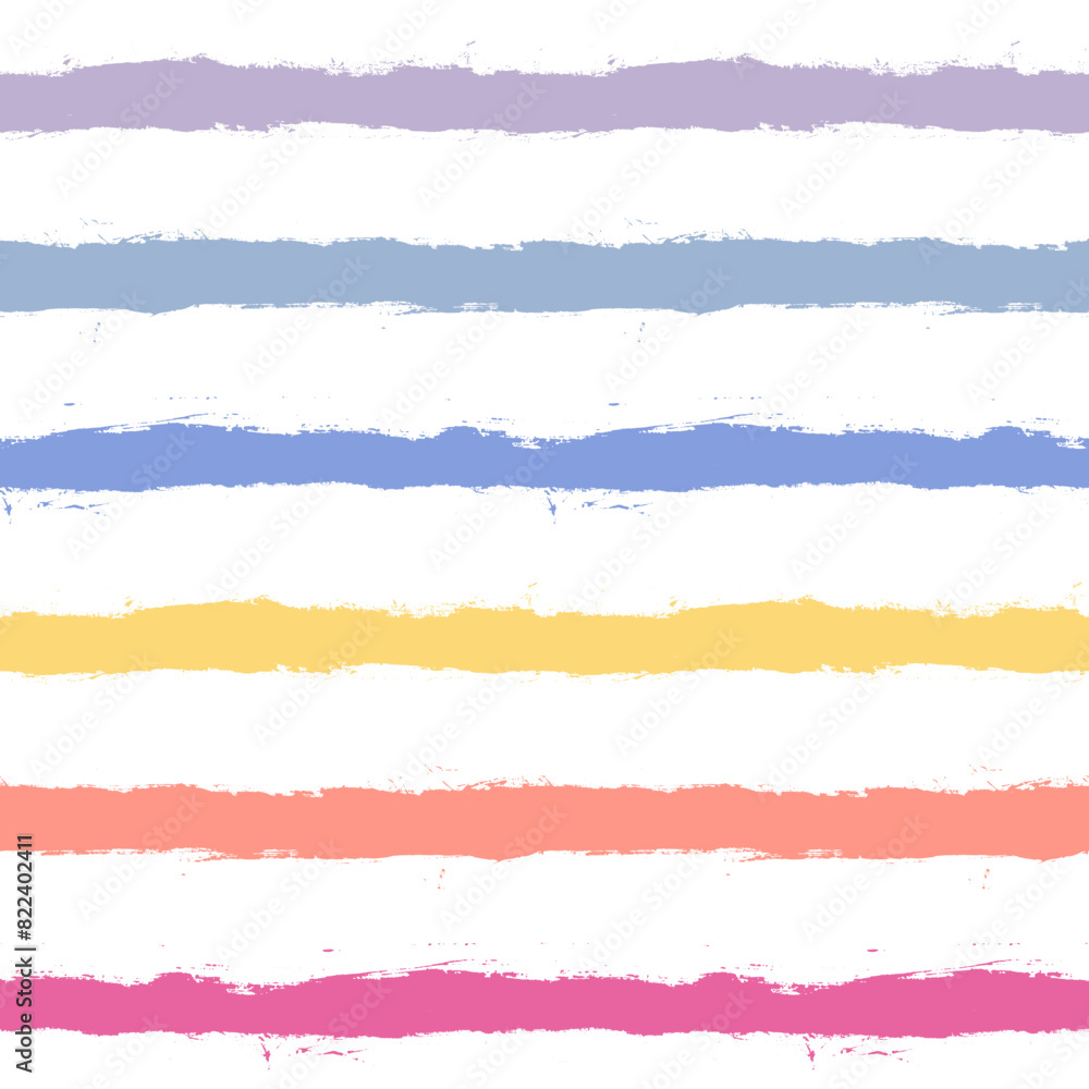 Vector stripe pattern. Colorful seamless background from brush strokes in rainbow colors. White, yellow, blue, purple, orange and pink stripes design. Distress painted texture