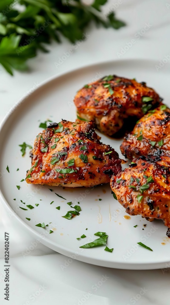 Illustration of perfectly cooked fried chicken thighs served on a white dish Illustration of perfectly cooked fried chicken thighs served on a white dish