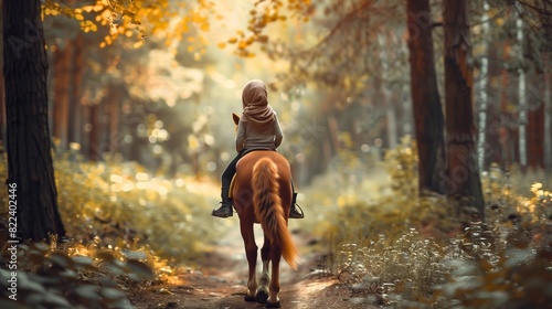 Serene scene as a hijab girl rides a pony through a peaceful forest path.