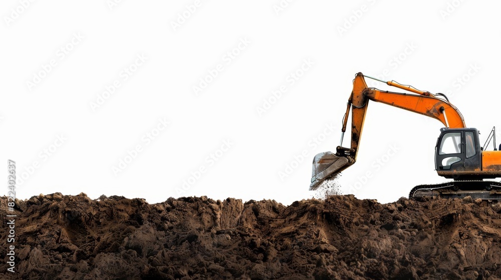 Photo of a backhoe digging a trench in soil against a plain white background Photo of a backhoe digging a trench in soil against a plain white background