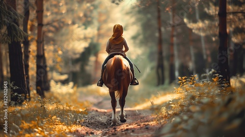 Captivating portrayal of a hijab girl riding a pony through a forest path.