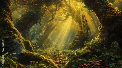 A mystical forest illuminated by shafts of golden sunlight  ancient trees draped in moss and ferns  with vibrant mushrooms carpeting the forest floor. 32k  full ultra HD  high resolution