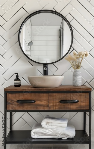 Modern bathroom with herringbone wall, round mirror and wooden vanity on black metal shelf, front view