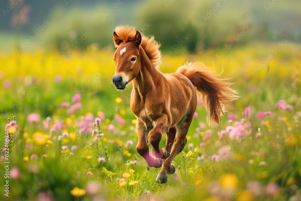 Obraz premium Dynamic scene captured as a pony gallops freely through a wildflowers