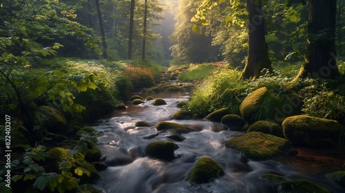 A peaceful riverside scene  with a meandering stream winding through lush forest foliage and moss-covered rocks  under the soft glow of early morning light filtering through the canopy above. 
