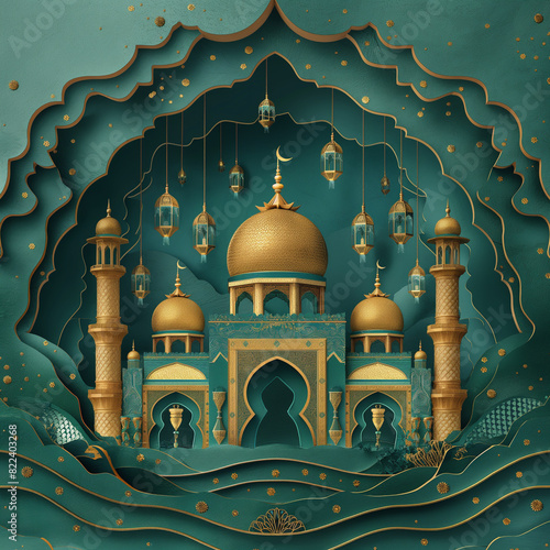 Decoration of Nakheel with lanterns on green background of a green background, in the style of delicate gold detailing photo