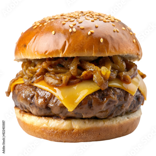 Meat cheeseburger with caramelized onion Isolated on white background