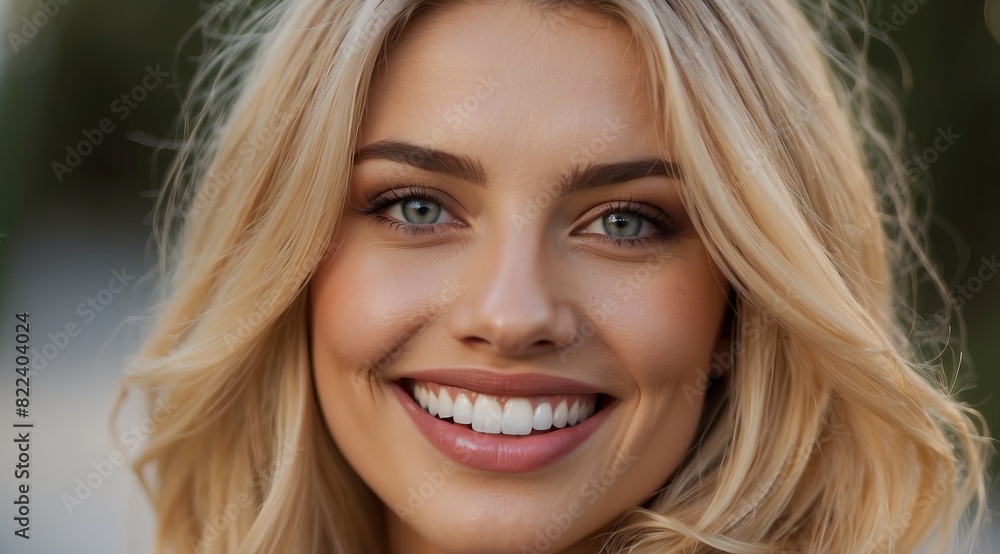 Beautiful attractive blonde woman model close smilling, with white teeth stand out, for dental picture Beautiful attractive blonde woman model close smilling, with white teeth stand out, for dental picture