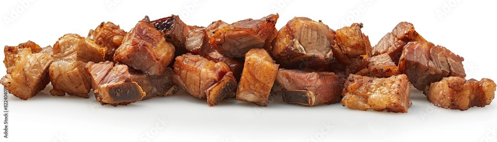 Photo of crispy fried pork belly pieces arranged artistically on white Photo of crispy fried pork belly pieces arranged artistically on white