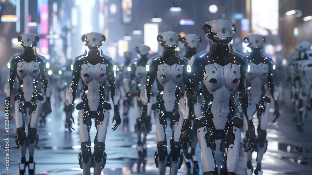 A group of robots walking down a bustling city street.