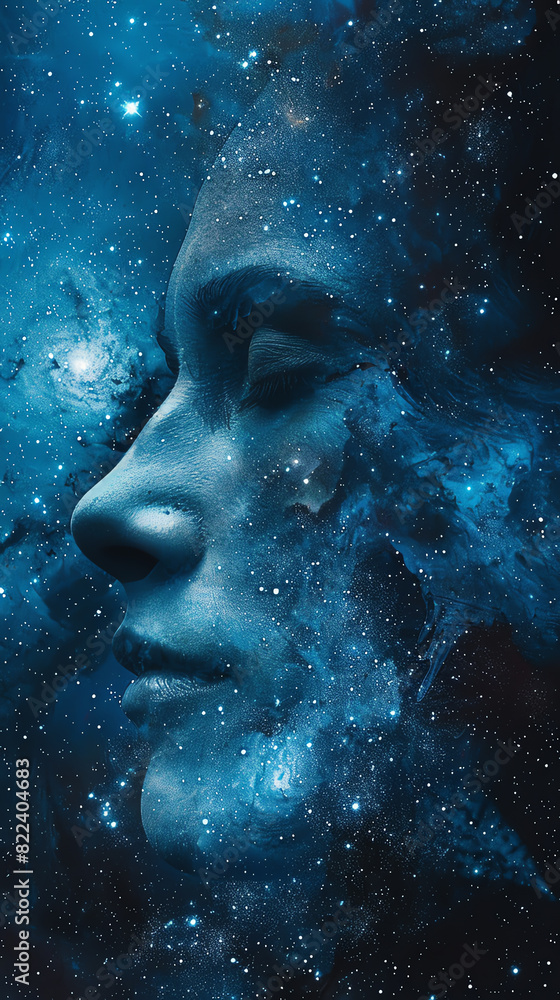 Enhance this image of a woman's face made of stars in deep space. Make the face more realistic, detailed, andXu Xu Ru Sheng . Add more stars and dust to the background.