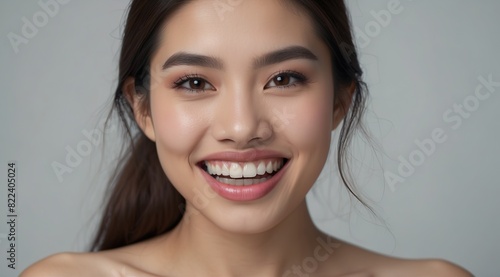 Beautiful attractive asian woman model close smilling, with white teeth stand out, for dental picture