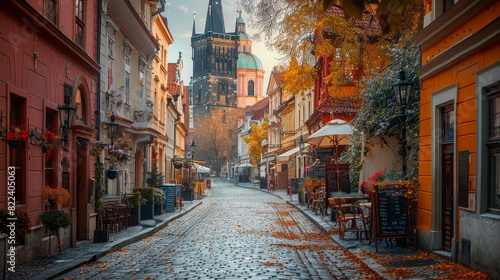 A charming cobblestone street in the historic center with colorful buildings. AI generate illustration