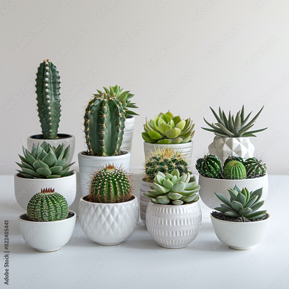 various cactus and succulent plants in different white pots various cactus and succulent plants in different white pots