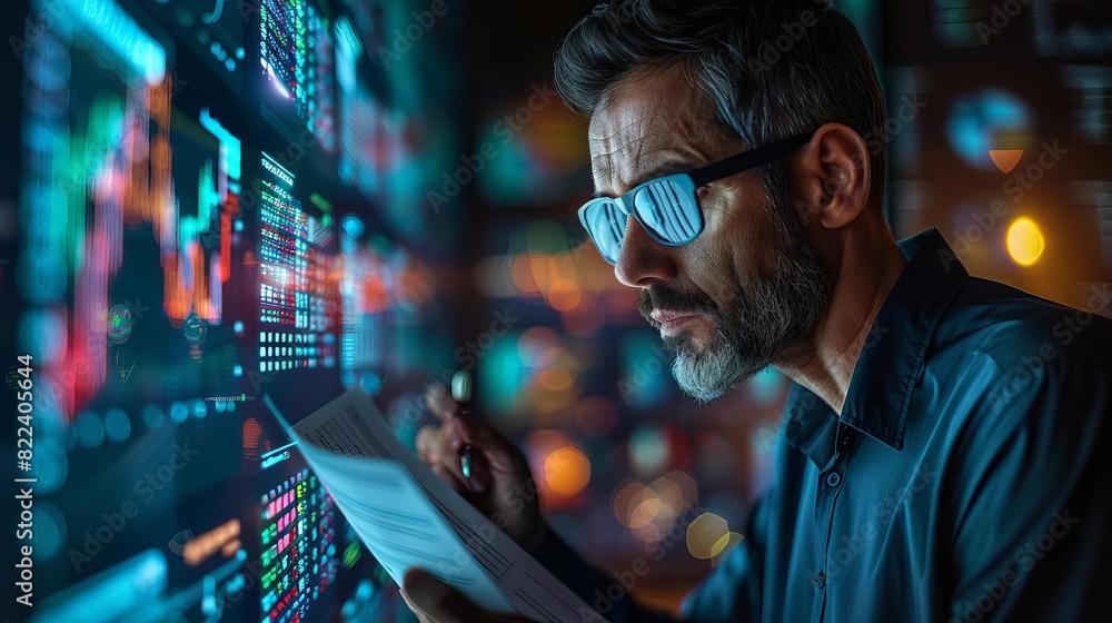 Man analyzing financial data on multiple screens, reviewing reports, and using advanced technology for data analysis and trading. Man analyzing financial data on multiple screens, reviewing reports, and using advanced technology for data analysis and trading.