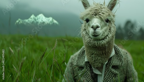 Amazing closeup charismatic of an alpaca wearing a classic tweed blazer