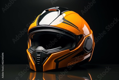 Modern motorcycle helmet with vibrant orange and black design on a reflective surface