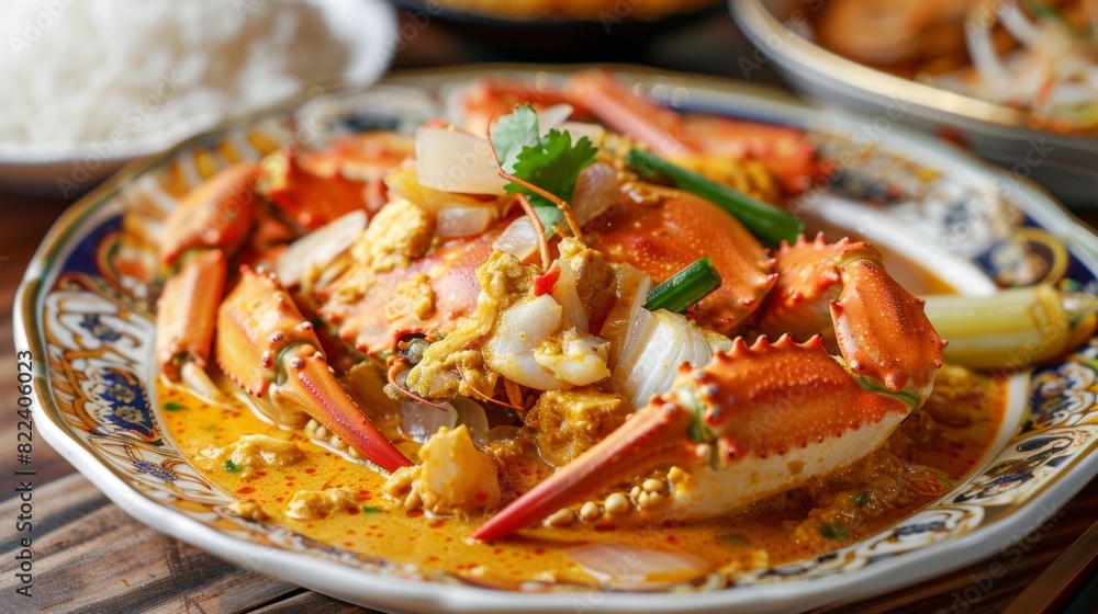 Delicious spicy crab curry served with rice and garnished with vegetables, showcasing a flavorful and aromatic seafood dish, Thai food. Delicious spicy crab curry served with rice and garnished with vegetables, showcasing a flavorful and aromatic seafood dish, Thai food.
