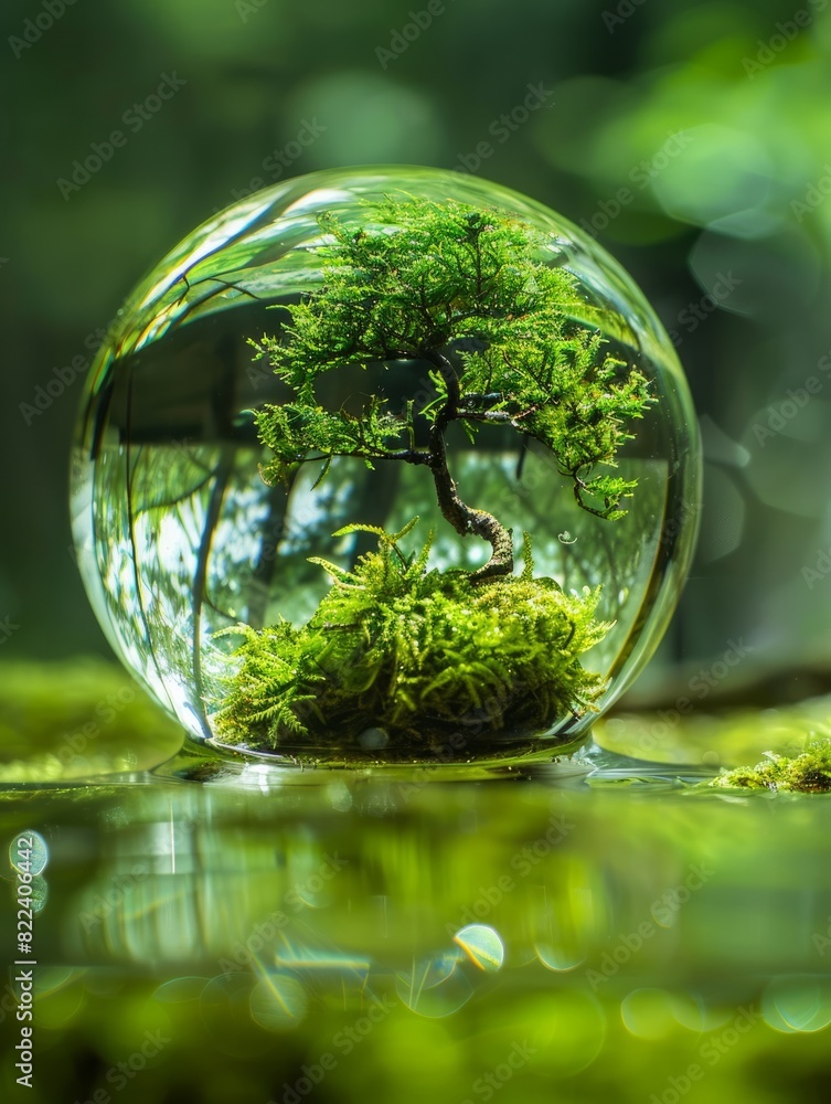 A green tree seen through the lens ball. A lens ball on green moss., Green nature in the water ball A green tree seen through the lens ball. A lens ball on green moss., Green nature in the water ball