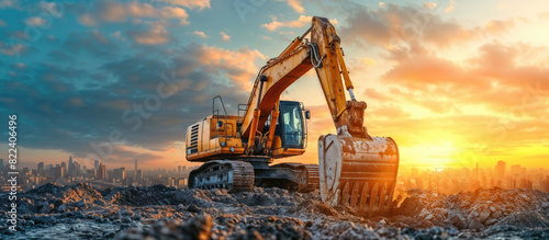 Excavator at a construction site with a city skyline and a vibrant sunrise in the background. photo