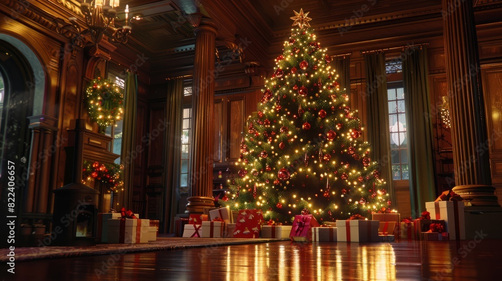 A huge Christmas tree with bright lights and presents. A huge Christmas tree with bright lights and presents.